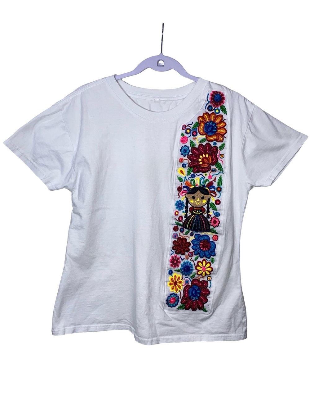 Mexican Embroidered Doll T-Shirt Floral Folk Art Short Sleeve Tee White STAINS - Picture 3 of 8